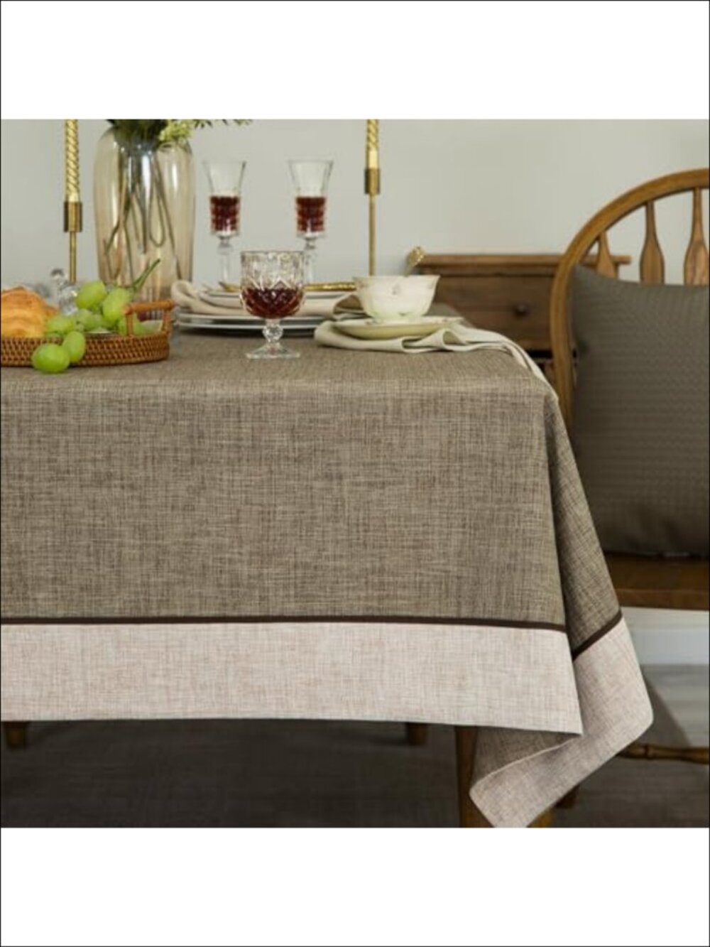 Linen Style Tablecloth 55x84 Mitered Border Rectangular Dining Decor